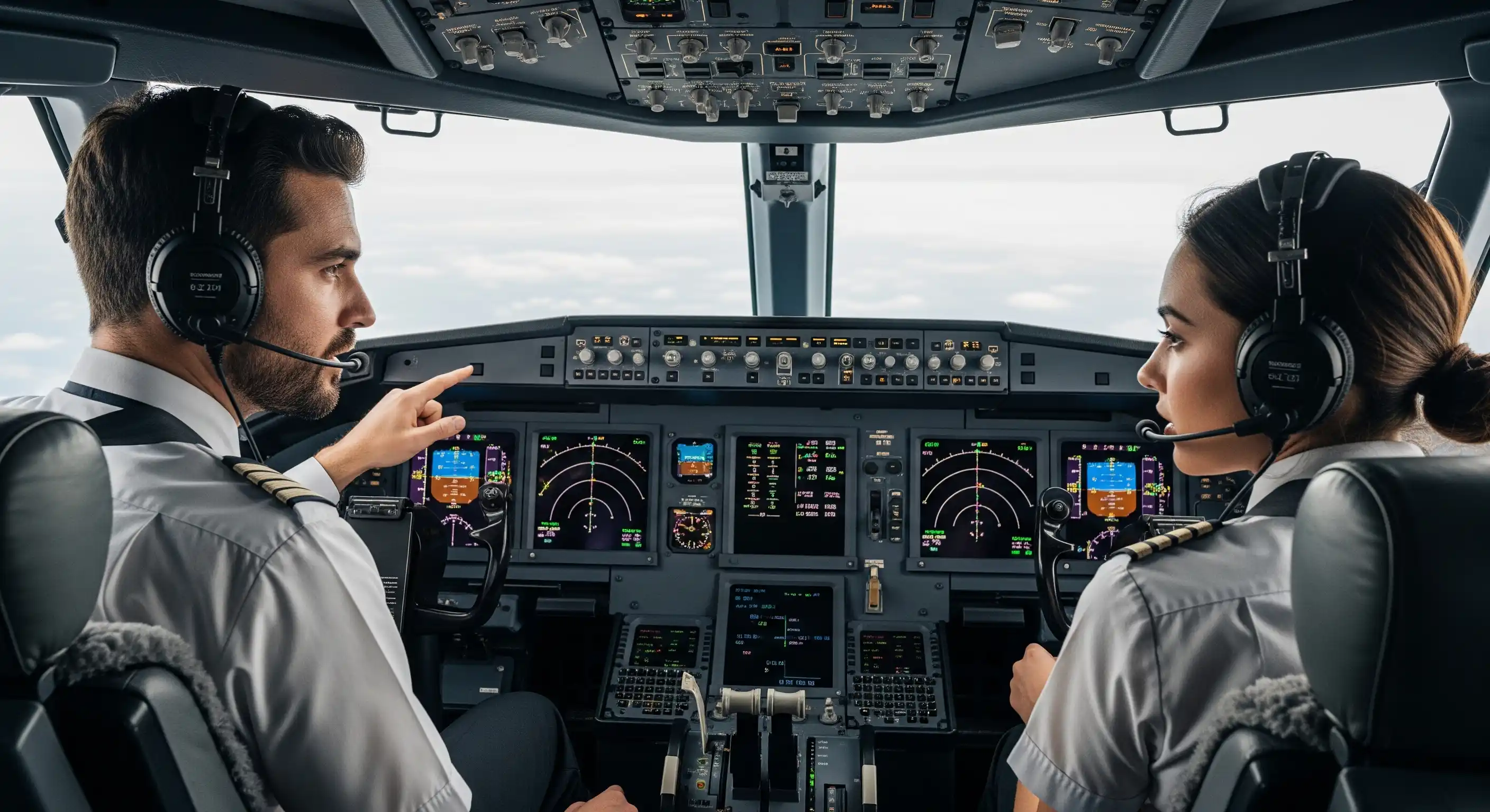 Two pilots in an airliner cockpit, demonstrating core aviation competencies.